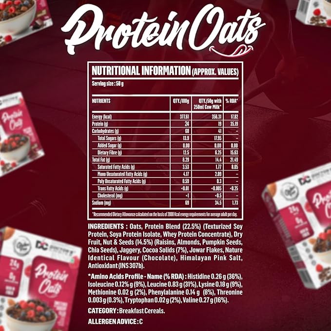 DOCTORS CHOICE Oats High Protein Oats 24g Pure Protein Breakfast Cereals Jaggery Sweetened Rich in Fiber No Additives and 0g Sugar. (750g Dark Choco Berry)
