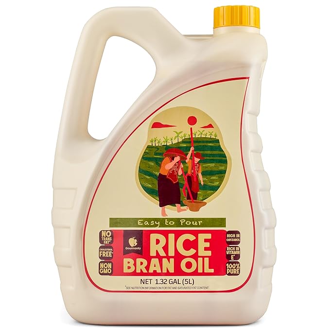 Gourmanity Rice Bran Oil Bulk 1.32 Gallon Easy Pour Bottle Heart Healthy Oil Made From 100% Pure Rice Bran Perfect for Cooking Frying &amp Skincare Non GMO Halal Kosher (169 fl oz/1.32 gal)