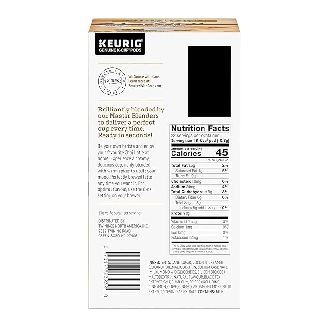 Twinings Chai Latte Black Tea Single Serve K-Cup Pods for Keurig 22 Count (Pack of 2) Creamy Slightly Sweet Less Sugar Caffeinated Enjoy Hot or Iced