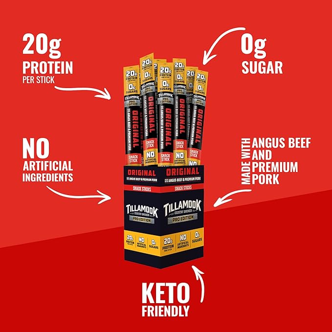 Tillamook Country Smoker PRO Edition Meat Sticks Zero Sugar Original 2 Oz (24 Sticks) Real Hardwood Smoked Sausages Angus Beef and Pork High Protein Individually Wrapped Keto Snack for Athletes