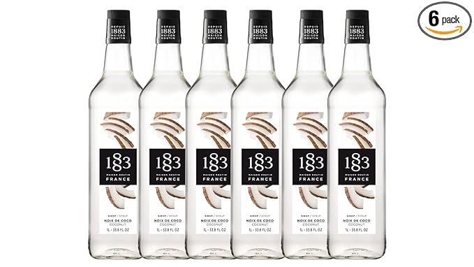 1883 Coconut Syrup for Drinks – 1 Liter Glass Bottles (Pack of 6)