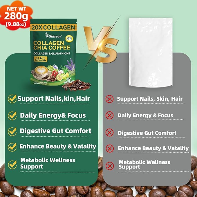 Skiseoy 20x Collagen Chia Coffee - 11-in-1 Coffee Shape Mix with L-Glutathione for Skin Hair Joints - Boost Energy and Focus Vegan Friendly 45 Servings