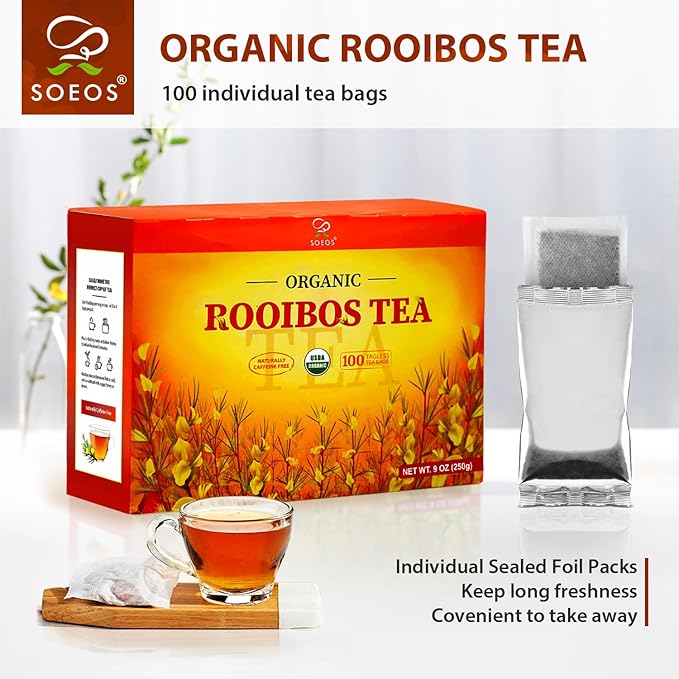 Soeos Organic Rooibos Tea 100 Teabags Naturally Caffeine Free USDA and Non GMO Certify Smooth and Robust Flavor Excellent for Hot or Iced Brew 9oz (250g)