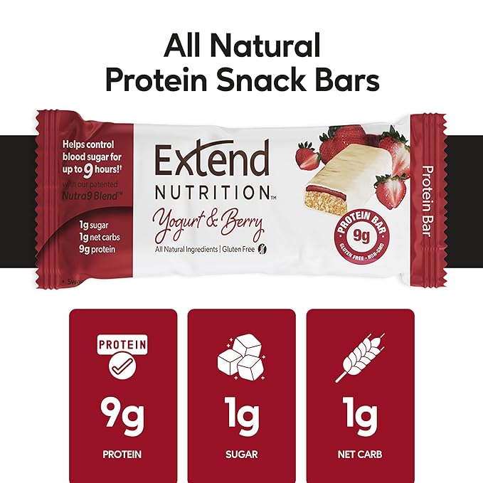 Extend Nutrition 1 Gram Sugar High Protein Bars Perfect Diabetic Snacks for Adults and Kids High Protein Bars for Hunger Control &amp Steady Energy Low Carb Keto Friendly Yogurt and Berry 24 Co