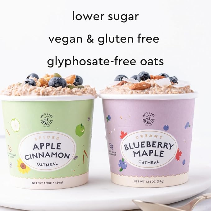 Mylk Labs Protein Oatmeal Cups Variety Pack – Apple Cinnamon Maple Strawberry - Low Sugar Breakfast – Quick &amp Easy Instant Oatmeal Nut Free Gluten Free (24 Pack)