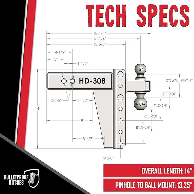 BulletProof Hitches - 3.0 Adjustable Heavy Duty Trailer Hitch (22000 lb. Rating) - 8 Drop/Rise Trailer Hitch with 2 &amp 2-5/16 Dual Ball - Powder Coat Solid Steel Corrosion-Resistant