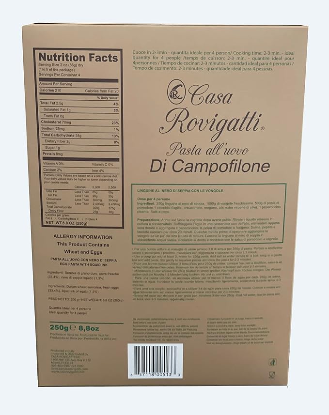 Linguine with Ink of Squid (Pack of 4) - Italian Linguine Al Nero Di Seppia Pasta From the Region of Di Campofilone- Imported Italian Egg Pasta- 8.8 ounces / 250 grams