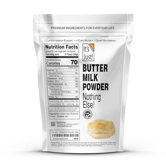 It's Just - Powdered Buttermilk 32oz rBST/rBGH Hormone Free Shelf Stable Evaporated Milk Just Add Water Perfect for Baking Pancakes Makes Over 1.5 Gallon Milk