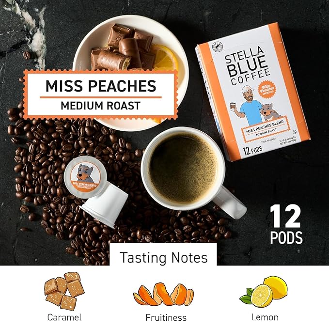 Stella Blue Coffee Pods Variety Pack Big Cat and Miss Peaches Blend Medium Roast With Caramel Citrus And Fruity Notes 100% Arabica Beans Sourced From Central And South America 24 Recyclable K Cup