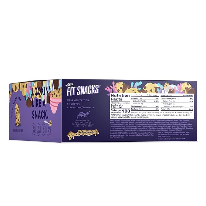 Alani Nu Fit Snacks Protein Bar Gluten-Free Bars 16g Protein Low-Sugar Low-Carb Gluten-Free - Cookie Dough 12 servings