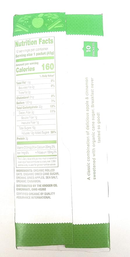 Simple Truth USDA Organic Instant Oatmeal Apple Cinnamon 10 Packets Non GMO (Pack of 2)