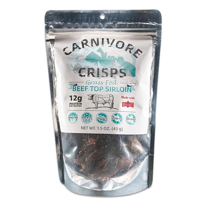 Carnivore Crisps Grass Fed and Finished Beef Top Sirloin Beef Crips High Protein Keto &amp Carnivore Diet Approved Gluten-Free No Hormones 1.5 oz (Pack of 3)
