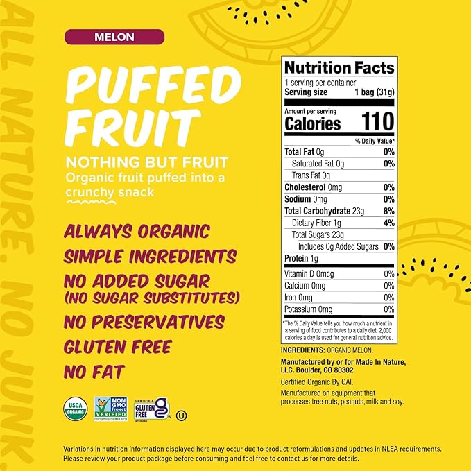 Made In Nature Organic Puffed Fruit Melon 1.1 Ounce Bag (Pack of 6) - Vegan Snack Non-GMO Gluten Free