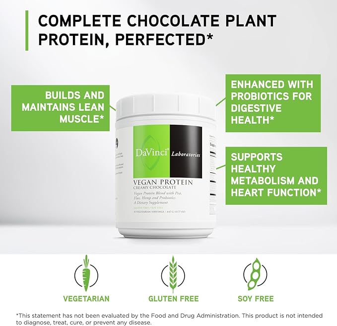 DaVinci Labs Vegan Protein - Protein Powder Supplement Supports Muscle &amp Tissue Repair* - Vegan Protein Supplement with Pea Protein &amp Flax Seed - Creamy Chocolate 15 Servings (477 g)