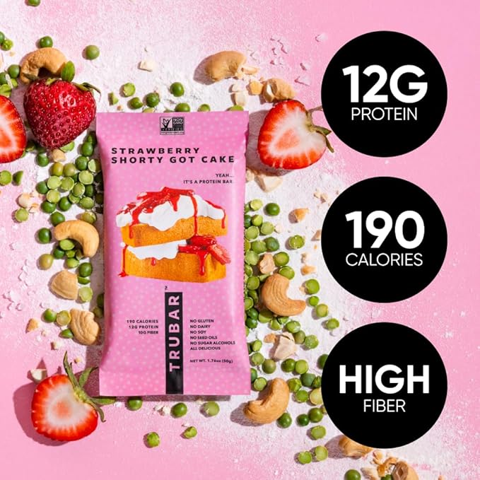 TRUBAR Vegan Protein Bars Feelin' Fruity Variety Pack PB &amp Jelly Strawberry Shortcake &amp Chocolate Coconut Gluten Free Plant Based High Fiber Dairy Free On the Go Healthy Snacks 12 Cou