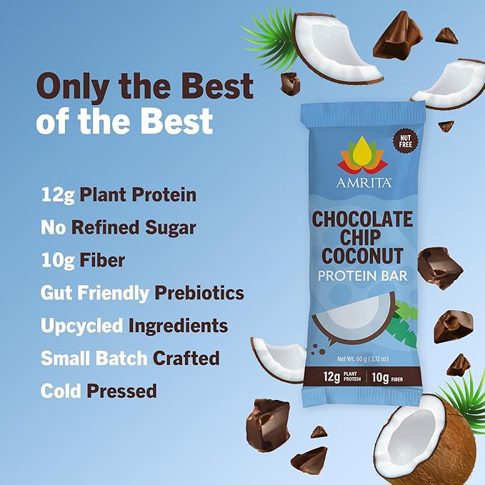 Amrita Nut Free Chocolate Chip Coconut Vegan Protein Bars (12 Count) | 12g Plant-Based Protein Bar | Peanut Free Gluten Free and Dairy Free | Low Sugar High Fiber Healthy School-Safe Snacks