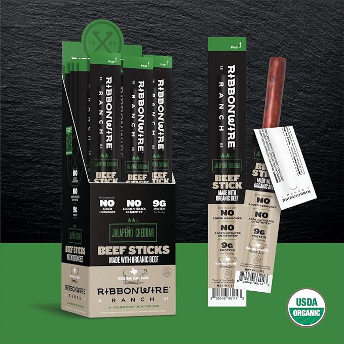 Ribbonwire Ranch Beef Sticks Made with Organic Beef Pasture Raised High Protein Snack Healthy Low Carb Keto Friendly Gluten Free Nitrate Free On the Go 1 Oz Sticks Jalapeno Cheddar 24 Pack