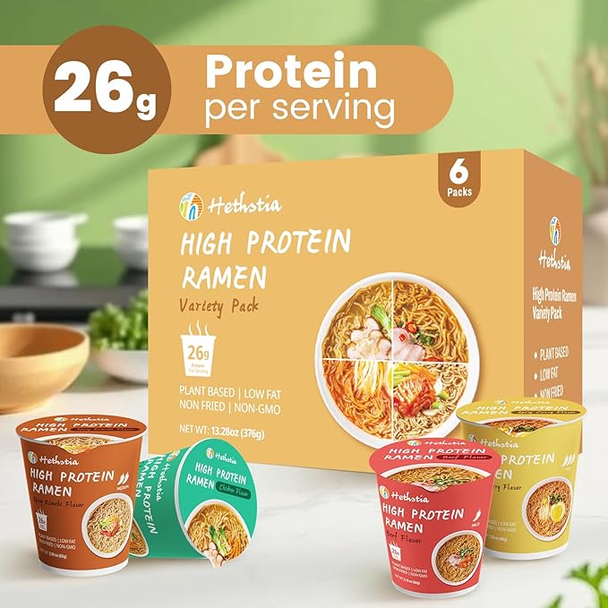 Hethstia High Protein (26g) Ramen Cup Noodles 6 Count Plant-Based Vegan Noodle Variety Pack - Chicken Spicy Beef Kimchi Curry | Non-Fried Low Sugar Low Fat | Ready to Eat Healthy Asian Meal