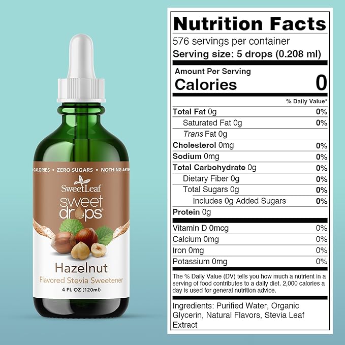 SweetLeaf Sweet Drops - Flavored Stevia Liquid Sweetener Organic Stevia Extract Zero Calorie Keto Friendly Non GMO Natural Flavor Sugar Alternative - Hazelnut 4 Fl Oz (Pack of 1)