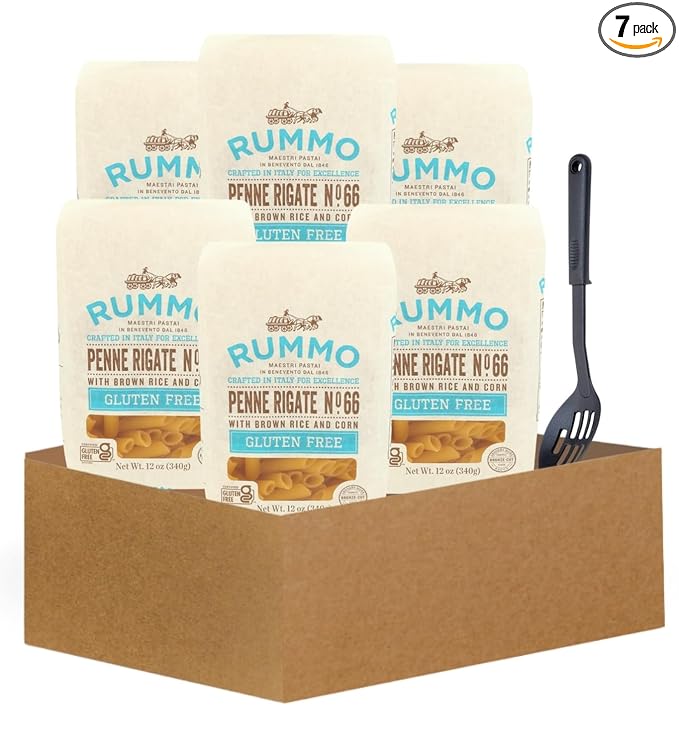 Penne Pasta – 6x Pasta Penne Rigate 12oz Bundle with Slotted Spoon – Gluten Italian-pasta with sauce-holding texture and non-stick safe utensil – Gift Set (7 Items)