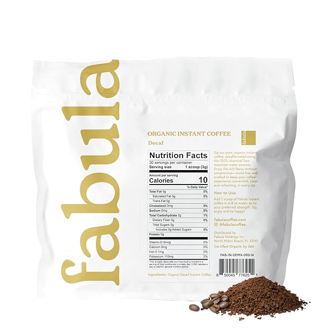 Fabula Organic Instant Decaf Coffee - Low Acid Mold Free Premium Arabica Beans 90g