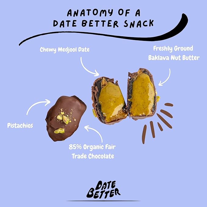 Date Better Royal Cinnamon Baklava Stuffed Medjool Dates - Dark Chocolate-Covered Dates Filled With Baklava Nut Butter &amp Pistachios | No Artificial Sweeteners Gluten-Free &amp Vegan (6-Pack)