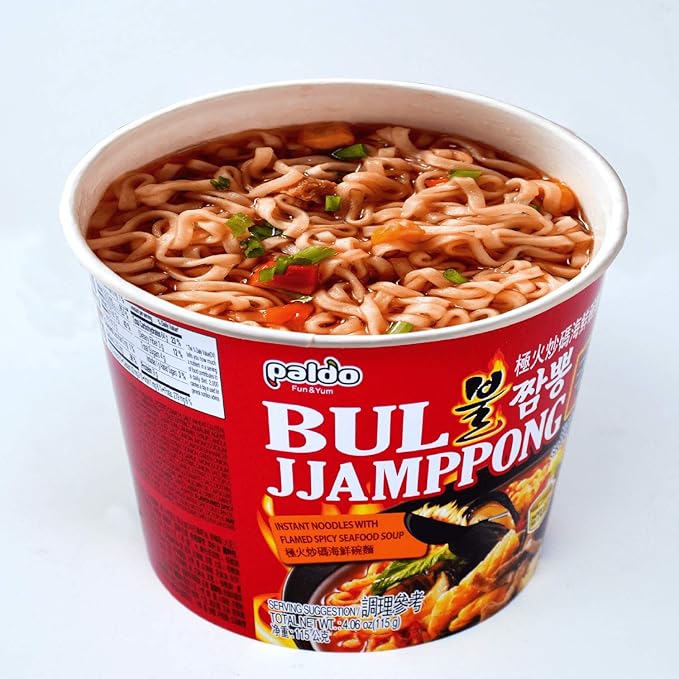 Paldo Fun &amp Yum Bul Jjamppong Instant Big Cup Noodles with Soup Spicy Seafood Based Broth Best Oriental Style Original Korean Ramyun Spicy Ramen Challenge 팔도 불짬뽕 킹 컵 115g (4.06 oz) x 16 Pack
