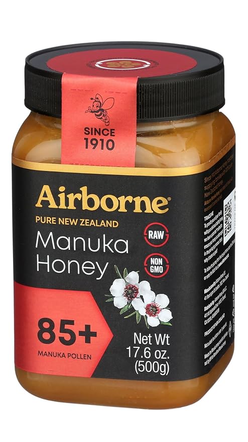 Airborne Manuka Honey (85+ Manuka Pollen) Raw and Unfiltered Premium New Zealand 100% Pure Daily Wellness Support 17.6 oz.