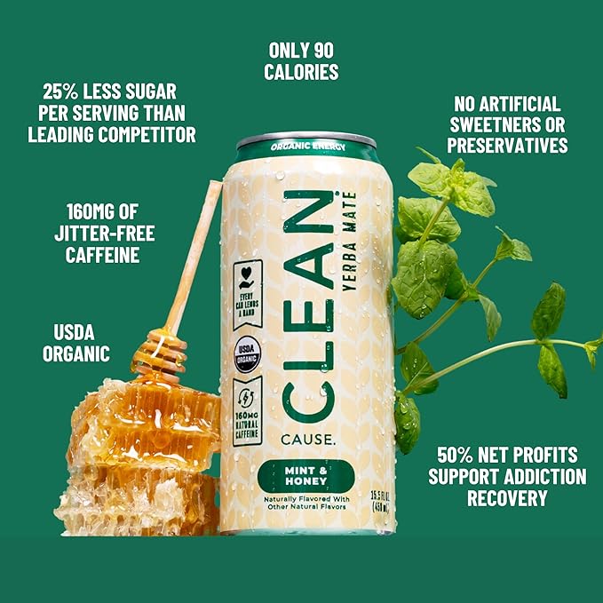 CLEAN Cause Mint and Honey Yerba Mate Tea Non-Carbonated USDA Organic Energy Drink Alternative Low Sugar 160mg Natural Caffeine Soda Alternative Plant-Based (15.5oz cans 12-Pack Case)