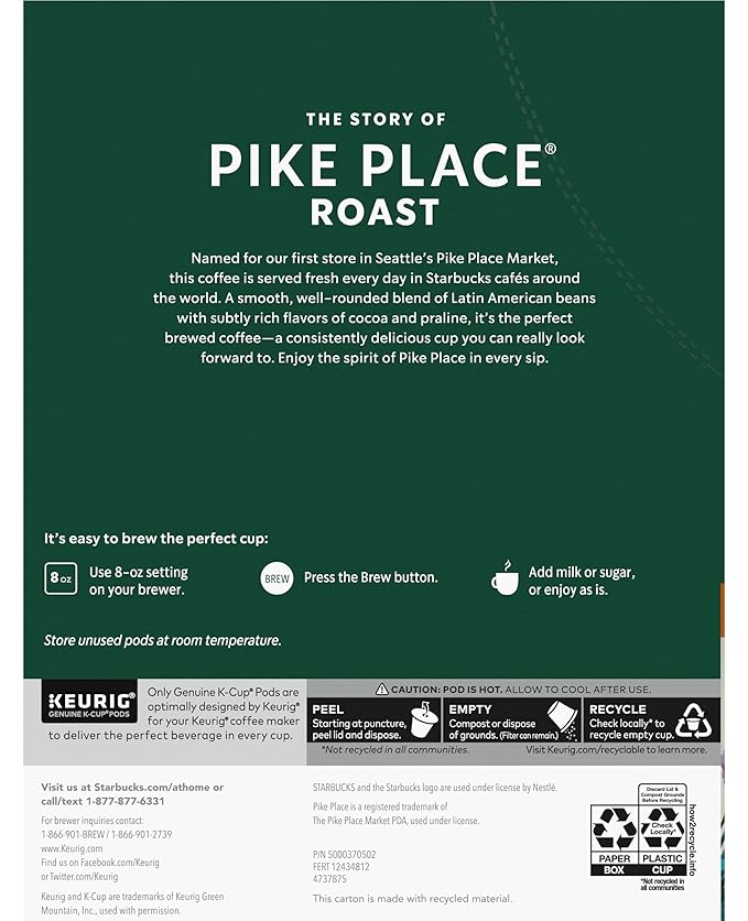 Starbucks Coffee K-Cup Pods Pike Place Roast Medium Roast Coffee Notes of Cocoa &amp Rich Praline Keurig Genuine K-Cup Pods 24 Count (Pack of 3)