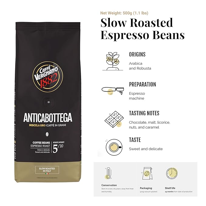 Caffe Vergnano 1882 Granaroma Espresso &amp Antica Bottega Whole Bean Arabica Medium Espresso Roast Coffee 1.1lbs Bag - Italian Coffee Beans -500g Bag (3 Pk)