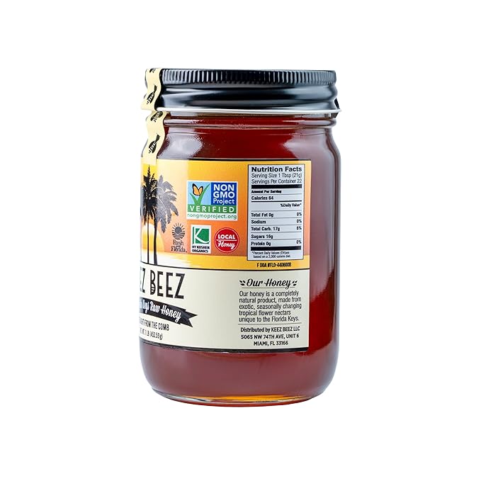 KEEZ BEEZ 100% Natural Raw Gold Honey – Seagrape 16 fl oz (1 lb) in Glass Jar – Organic Non-GMO Kosher Certified Subtle Sweetness with a Hint of Spice Ideal for Everyday Use