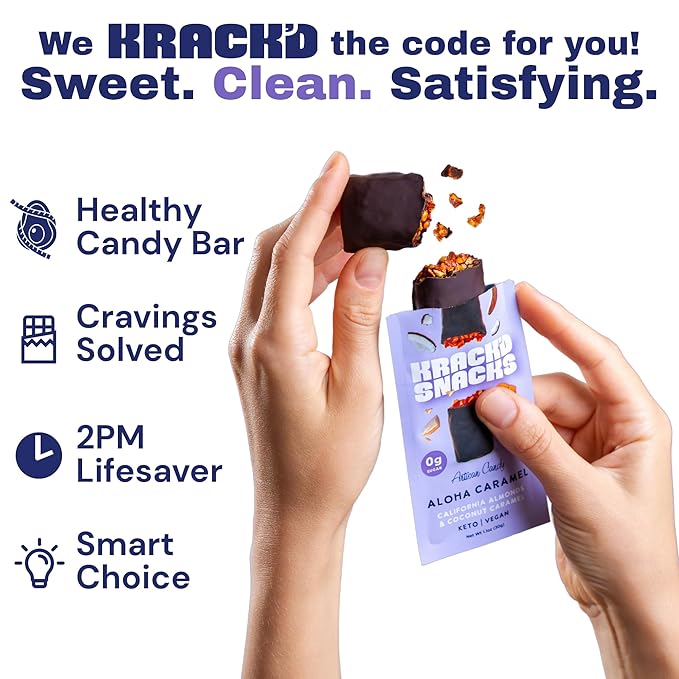 Krack’d Snacks Chocolate Snack Bars 10 Pk | Plant-Based Dark Chocolate Aloha Caramel with Almonds &amp Coconut | Gluten Free Candy Bars | Keto Chocolate Treats