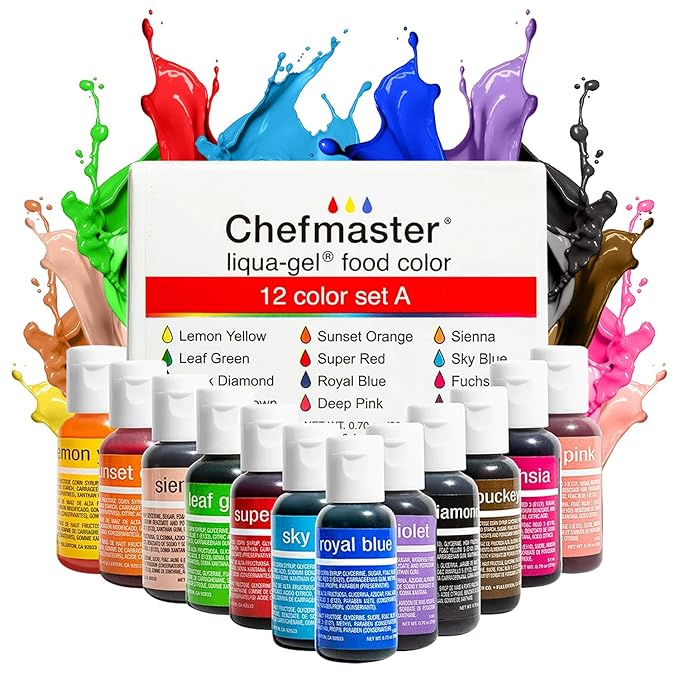Chefmaster - Liqua-Gel Food Coloring - Fade Resistant Food Coloring - 12 Pack - Vibrant Eye-Catching Colors Easy-To-Blend Formula Fade-Resistant