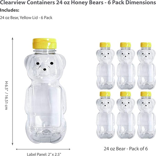 6 Pack of 24 Ounce Honey Bears with Sealable Yellow Flip Top Lids (24 oz. Bear 6pk Yellow)