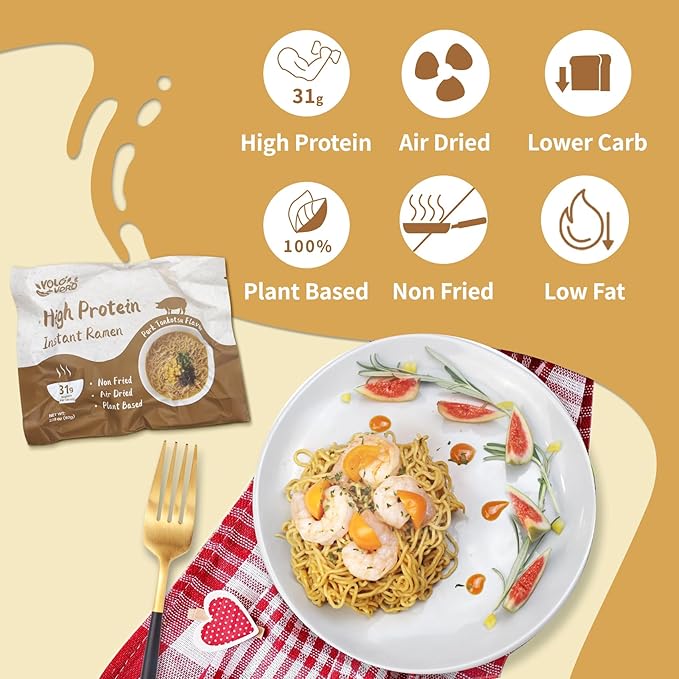 VOLO VERO High Protein (31g) Instant Ramen Pork Tonkotsu Flavor Soup Plant-Based Air-Dried Non-Fried Low Carb Egg-Free Dairy Free Healthy Meal Ready to Eat 8 Pack