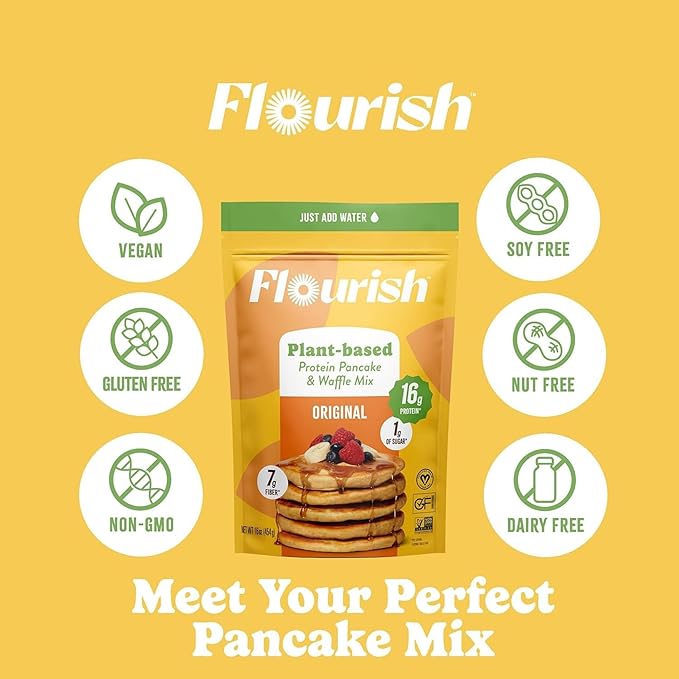 Flourish Plant-Based Protein Pancake &amp Waffle Mix Gluten-Free Dairy-Free Nut-Free Soy-Free Vegan Non-GMO All-Natural Superfood High Protein &amp Fiber Just Add Water - Original 430 g (2