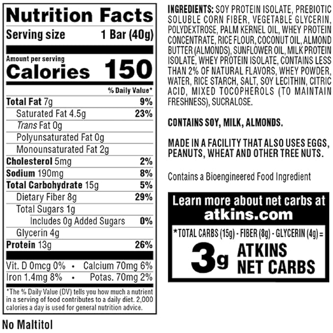 Atkins Lemon Snack Bar Made with Real Almond Butter 1g Sugar Gluten Free High in Fiber Keto Friendly 8 Count