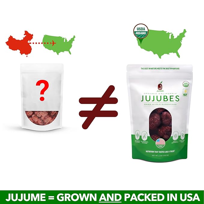 JUJUME | USDA Organic California Grown Jujubes Red Dates | Individually Sorted 3X for QA | High Grade Superfood | Healthy Dried Fruit | Certified All-Natural Non-GMO | 6 oz. bag