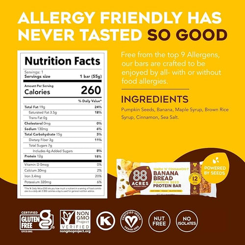 88 Acres Pumpkin Seed Protein Bars Banana Bread 9 Count 12g Plant-Based Protein Gluten Free Nut Free School Safe Snack Bar Vegan Non-GMO Individually Wrapped