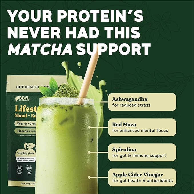 BBfL Grass-Fed Whey Protein Shake – 21g rBGH-Free Protein Matcha + Apple Cider Vinegar Prebiotics Digestive Enzymes Adaptogens for Stress &amp Mood Support – All-in-One Shake (10 Servings Matcha