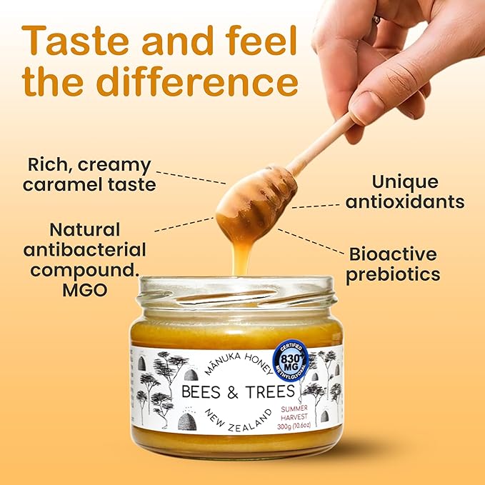 Bees &amp Trees Manuka Honey 830+ MGO - Raw Pure New Zealand Monofloral Honey – Unpasteurized &amp Natural Unfiltered Manuka for Tea Coffee Dressings Smoothies &amp Daily Use – Glass Jar 300g (