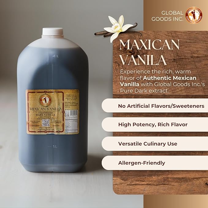 Pure Dark Mexican Vanilla Extract Gluten-Free Vanilla for Baking Cakes Cookies Desserts Coffee &amp Beverages (135.25 fl oz) – Natural No Coumarin Bold Flavor