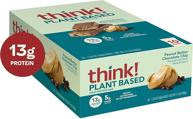 think! Vegan/Plant Based High Protein Bars - Peanut Butter Chocolate Chip 13g Protein 5g Sugar No Artificial Sweeteners Non GMO Project Verified 10 Count (Packaging May Vary)