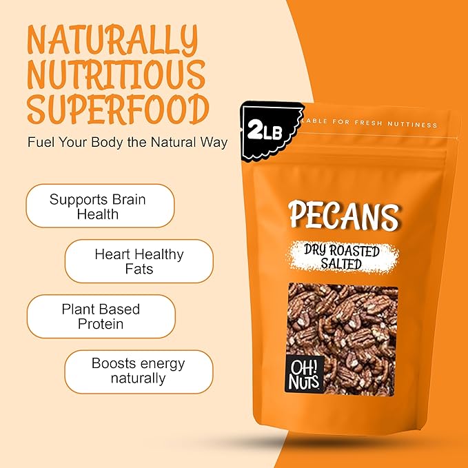 Oh! Nuts Pecans Dry Roasted Salted - All Natural Salted Pecans Halves - 2 lb Bulk Bag - Oil-Free Crunchy Snack