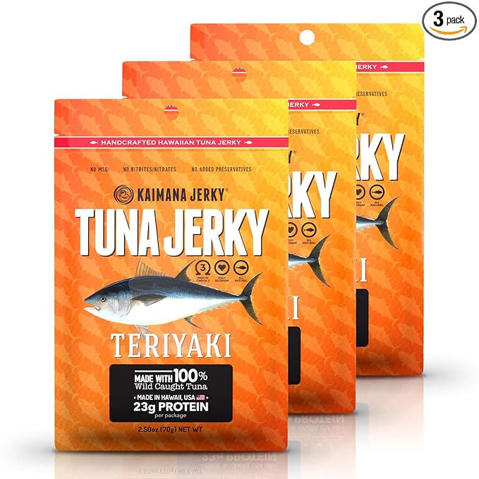 Kaimana Wild-Caught Ahi Tuna Jerky - Teriyaki | Rich in Omega-3s &amp High in Protein | All-Natural &amp Organic Fish Jerky (3 pack 2 oz)