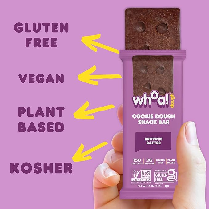 Whoa Dough Edible Cookie Dough Bars- Certified Non-GMO Kosher and Gluten Free Bars - Healthy Snack Foods - Plant Based Snacks Made With Real Ingredients - Brownie Batter Cookie Dough - 4 Pack