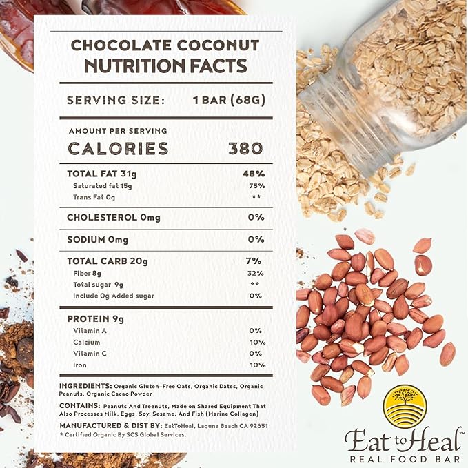 EatToHeal Chocolate Coconut Real Food Bar - Organic Vegan Healthy Gluten Free Protein Bars - Low Sugar Meal Replacement Bar Non GMO Never Baked Plant Based - Crafted to Enjoy Not Sit on Shelves