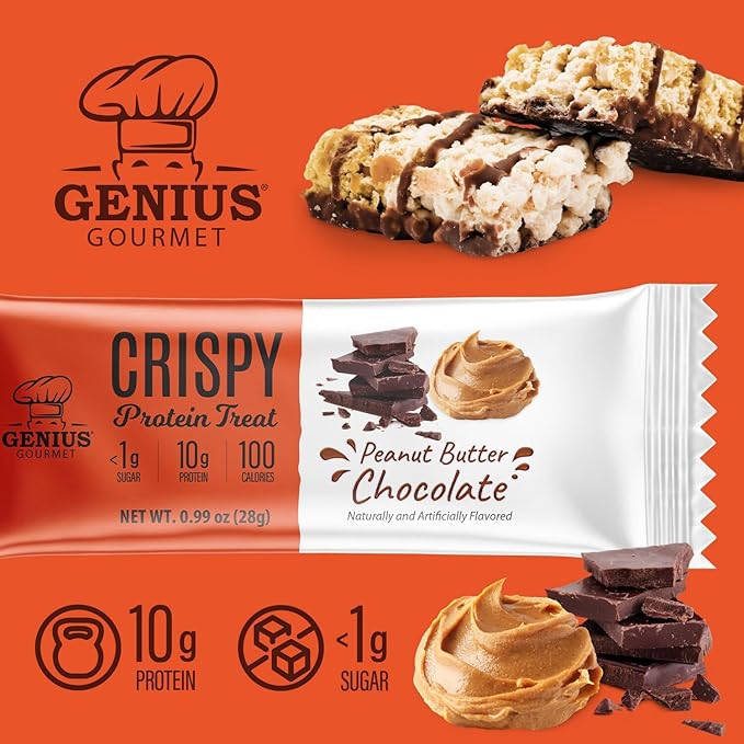 Genius Gourmet Crispy Protein Treat Chocolate Peanut Butter Keto Snack Low Carb Low Sugar &amp Gluten Free Protein Snacks for Adults 10G of Whey Protein per Protein Bar 5 Net Carbs 10 CT