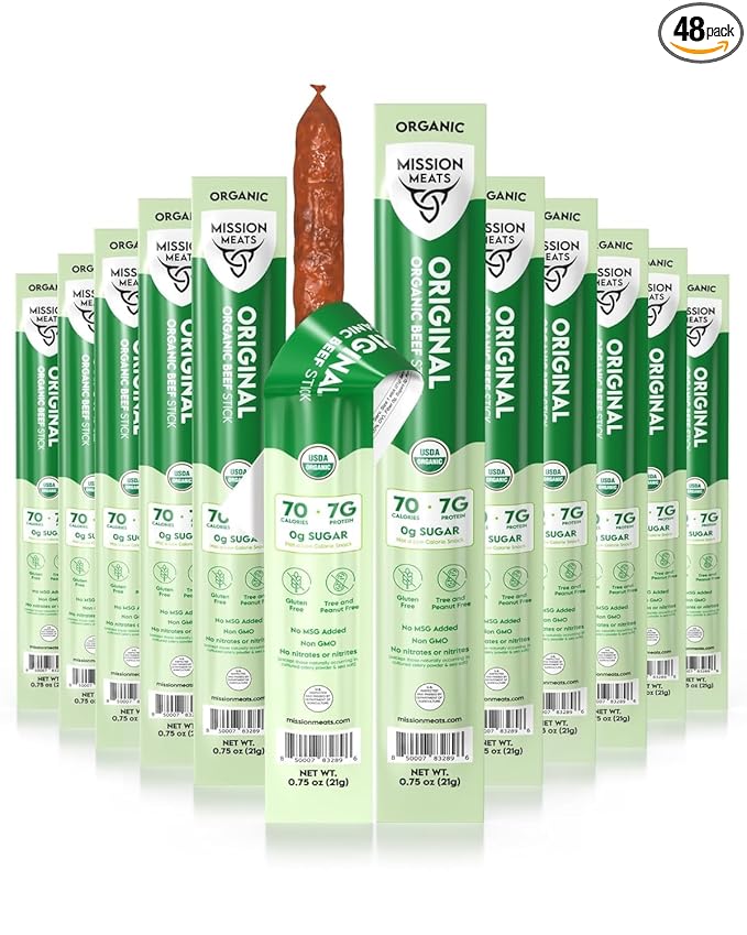 Mission Meats 100% Certified Organic Beef Sticks – Pasture-Raised Zero Sugar Non-GMO Healthy Individually Wrapped Meat Sticks Snack 0.75oz (24ct)
